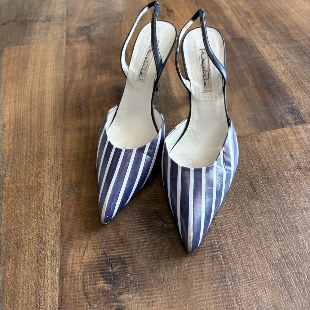 Oscar de la Renta Womens Blue and White Striped Sling Back Heels Size EU S38